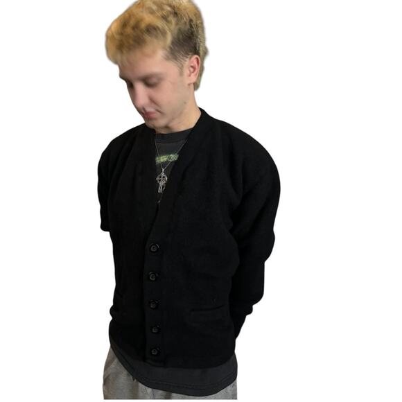 Vintage Dehen 1920 Slouchy Varsity wool cardigan V neck black size small - Picture 3 of 13